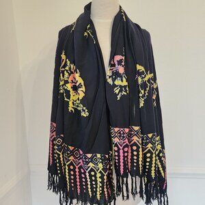 Batik Black Floral & Geometric Fringe Scarf Beach Sarong 60"x45"